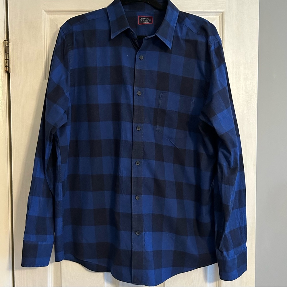 Untuckit Men's Slim Fit 100% cotton navy and blue large check button down XXL